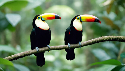 Fototapeta premium Toucan sitting on the branch in the forest, green vegetation, Costa Rica. Nature travel in central America. Two Keel-billed Toucan bird image in wildlife