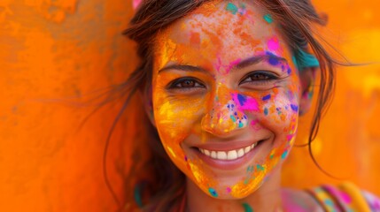 A young woman's face adorned with colorful Holi festival powders, beaming with joy.