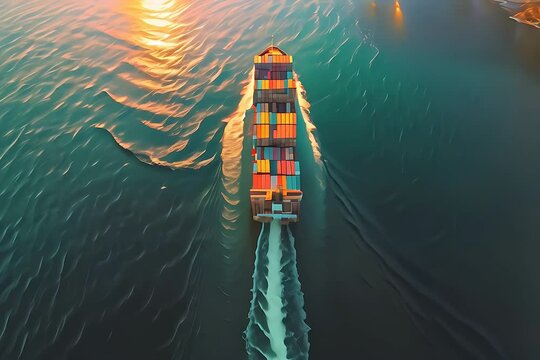 This video provides a birds eye view of a large container ship moving through the vast expanse of the ocean.