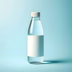 a realistic plain white-labeled water bottle againts a light blue background. Mockup Design. Ai Generated.