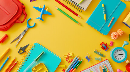 Different school backpacks with stationery on soft bright colorful background, back to school concept
