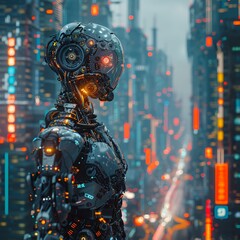 Cyborg with metallic arms, glowing eyes, and a robotic spine, standing in a futuristic cityscape with holographic displays and flying cars Realistic, backlights, chromatic aberration