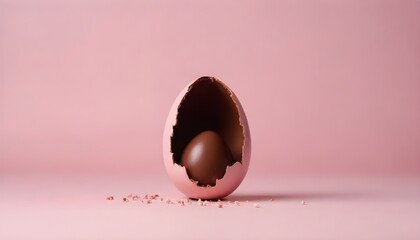 Half-Broken Chocolate Easter Egg on Pastel Pink Background Minimalist Easter Holiday Concept with...