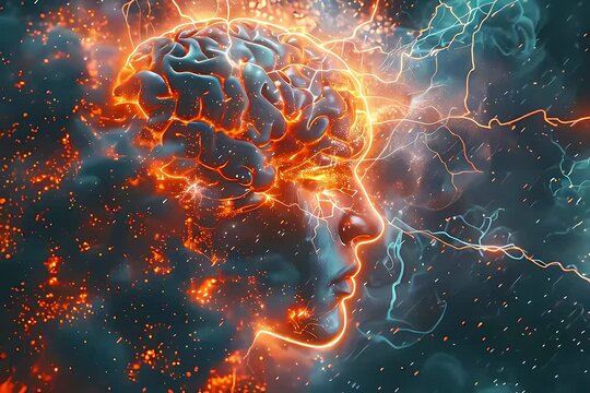 This video of a brain with a lightning bolt coming out of it,  neuroscience, matte painting of human mind, brain connected to computer