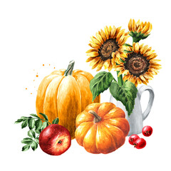 Autumn composition with pumpkins, sunflower flowers, apple and red berries. Hand drawn watercolor illustration isolated on white background 