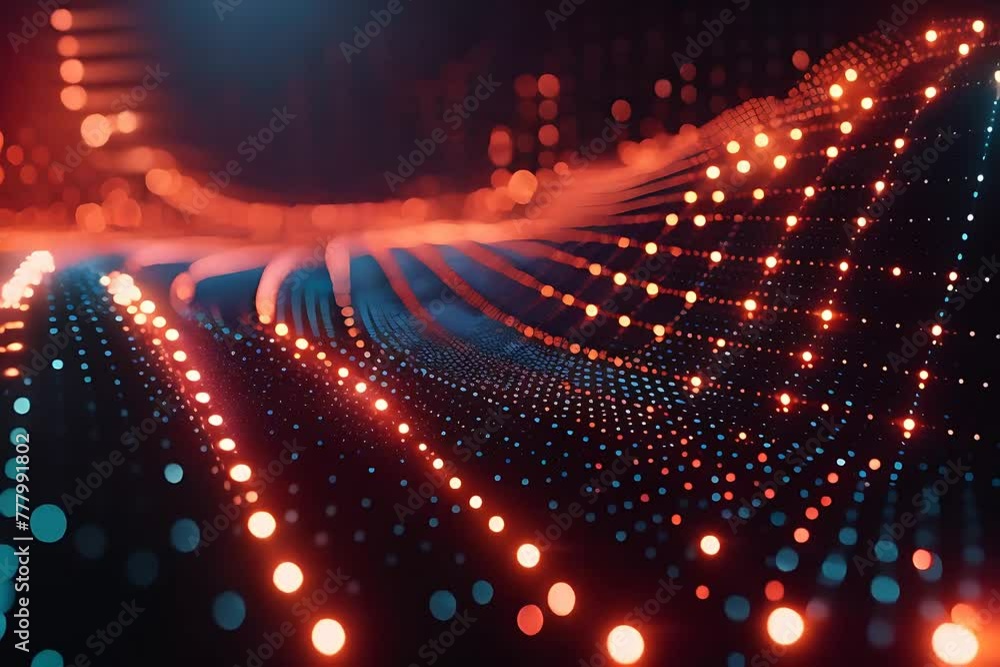 Poster swirling patterns of glowing lights dance across a dark abstract background, illuminating the screen