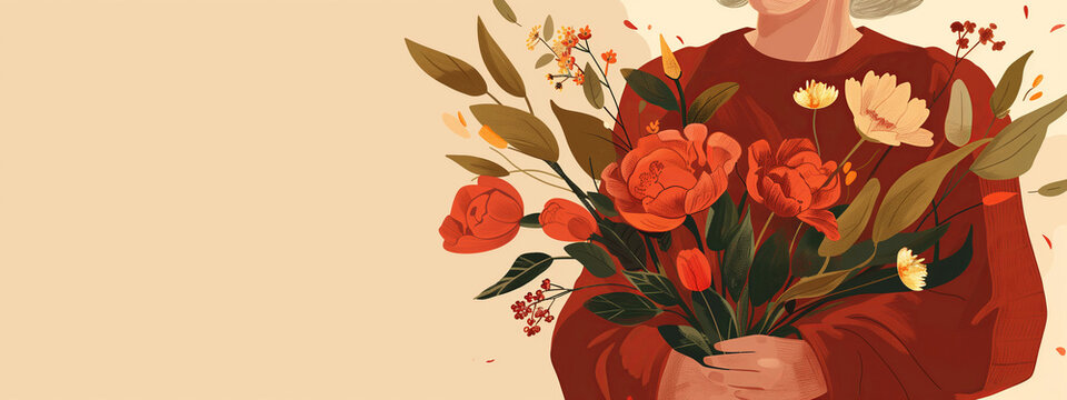 Mothers day banner with flowers and elderly ldy with copy space