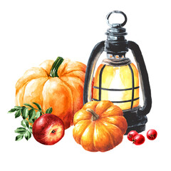 Lantern and pumpkins. Thanksgiving Day Concept. Hand drawn watercolor illustration isolated on white background - 777992001