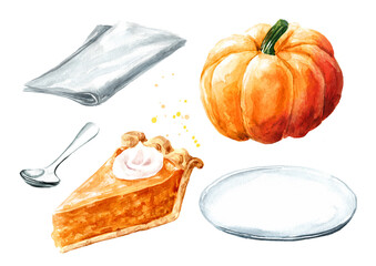 Slice or piece of american pumpkin pie and fresh ripe orange pumpkin set. Hand drawn watercolor illustration  isolated on white background - 777992021