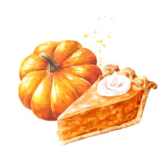 Slice or piece of american pumpkin pie and fresh ripe orange pumpkin. Hand drawn watercolor illustration  isolated on white background - 777992026