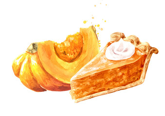 Slice or piece of american pumpkin pie and fresh ripe pumpkin. Hand drawn watercolor illustration  isolated on white background  - 777992035