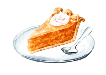 Slice or piece of american pumpkin pie. Hand drawn watercolor illustration  isolated on white background  - 777992044