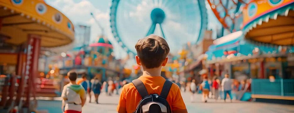 a video of a roller coaster in the background and a boy at the entrance to the ride.