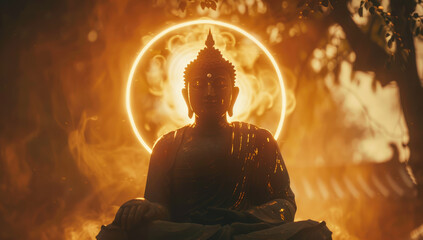 A glowing golden Buddha statue with a halo behind its head - obrazy, fototapety, plakaty