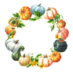 Sweet autumn round card. Fresh ripe decorative colorful pumpkins. Watercolor hand drawn illustration, isolated  on white background - 777992250