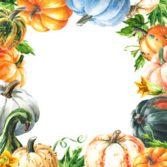 Sweet autumn card. Fresh ripe decorative colorful pumpkins. Watercolor hand drawn illustration, isolated  on white background - 777992255