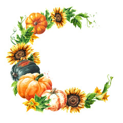 Sweet autumn round frame. Fresh ripe decorative pumpkins and sunflowers. Watercolor hand drawn illustration, isolated  on white background - 777992258