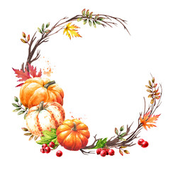 Sweet autumn round frame. Fresh ripe decorative pumpkins and colorful leaves. Watercolor hand drawn illustration, isolated  on white background - 777992266