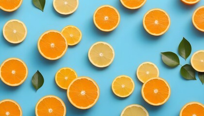 Summer Citrus Fruit Flat Lay on Blue Background Minimalist Design with Sharp Shadows - Trendy Social Media Mockup