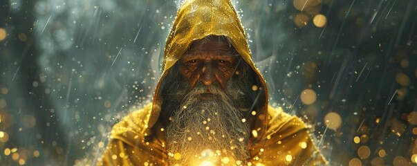 Character, Wizard Robes, Old wise wizard, Living out fairy tales from books and movies, Rainy day, Illustration, Backlights, Bokeh effect - obrazy, fototapety, plakaty