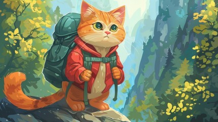 Fototapeta premium Cat adventurer with backpack on his back