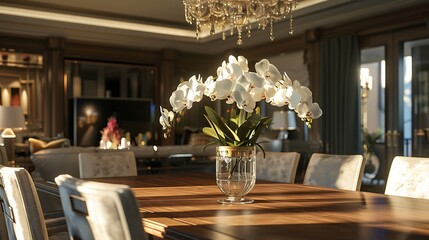 A chic dining room featuring a rectangular wooden table surrounded by upholstered chairs, adorned with a tall glass vase filled with cascading white orchids, adding a touch of glamour to the space