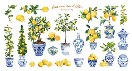 Lemon branches and blue patterned tiles illustration, Artistic set featuring yellow lemons, green leaves, branches, and blue-patterned tile design elements