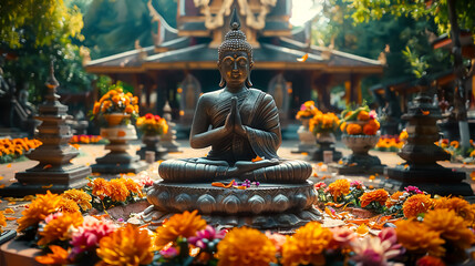 Buddha statues in serene temples.