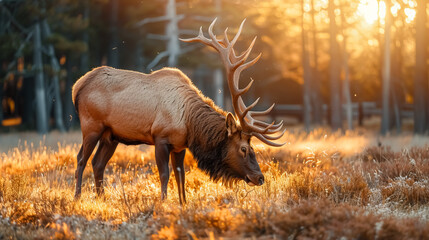 A magnificent elk with impressive antlers grazes peacefully in a sunlit clearing.