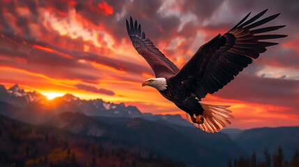 Fototapeta premium Majestic Bald Eagle Soaring Amidst a Vibrant Sunset in the Wilderness.