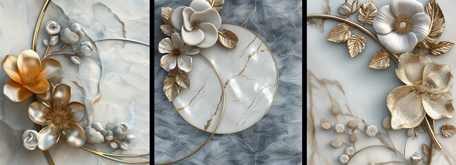 panel wall art, marble background with flowers designs , wall decoration	 - obrazy, fototapety, plakaty