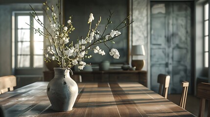 A classic dining area with a dark wooden table and chairs, adorned with a centerpiece of magnolia branches in a rustic ceramic vase, exuding timeless beauty and grace