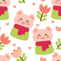 Seamless pattern with cute cartoon pig and flowers for fabric print, textile, gift wrapping paper. children's colorful vector, flat style