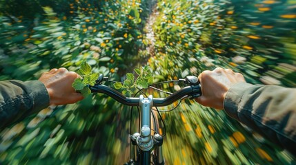 A man in motion on a bicycle, cycling down a lush and vibrant green forest path - obrazy, fototapety, plakaty