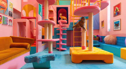 A colorful cat playroom with climbing structures, clouds and tree houses for cats to explore and bathe in. Pink walls, yellow furniture, blue beds, green plush carpeting on the floor