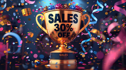 A golden trophy with the text "SALES 30% OFF" in black on it, surrounded by confetti and ribbons.