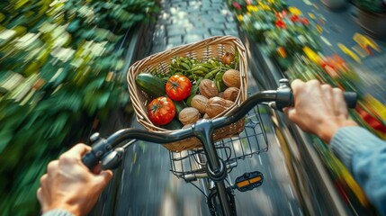 A person rides a bike while carrying a basket filled with fresh vegetables, showcasing sustainable transportation and healthy food choices - Powered by Adobe