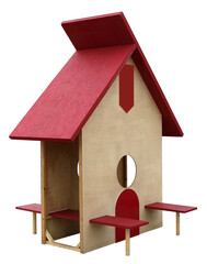Toy plywood handmade house on children's playground isolated