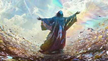Arms outstretched heavenward, a figure draped in blue robes is suffused in swirling rainbow light, glittering particles ascending as if attaining divine transcendence. 