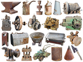 Various rusty retro rustic objects set isolated