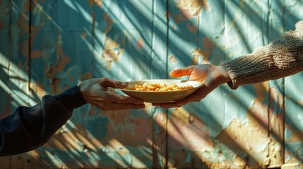 One person is handing a bowl of food to another person in a tender act of care and sharing