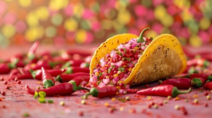 A close-up view of a taco placed on a table, showcasing its fillings and taco shell - 777994866