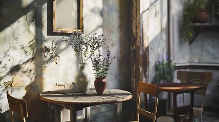 A cozy corner in a dining room featuring a small wooden table set with a delicate vase of freshly picked lavender, infusing the space with a soothing aroma and natural charm