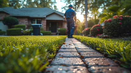 Postal worker walking on a garden path at sunrise. Community service and neighborhood concept. Design for local postal service advertisement or community-focused campaign
