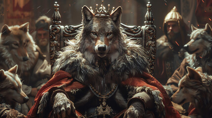 A wolf with a crown and a scepter, sitting on a throne surrounded by loyal subjects.