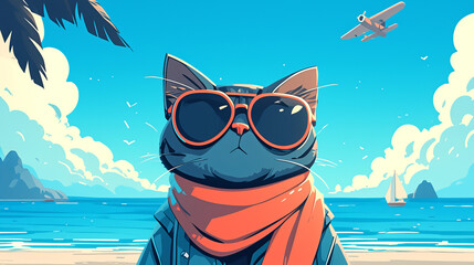 A cat wearing sunglasses and a scarf is standing on a beach
