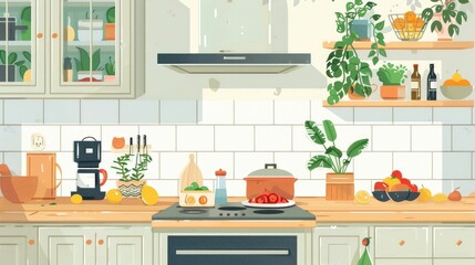 Fototapeta premium Bright and Inviting Plant Based Recipe Cooking Kitchen with Healthy Ingredients and Appliances