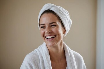 portrait of a woman laughing in bath towel