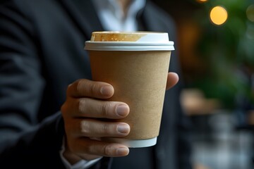 Man in Suit Holding Cup of Coffee