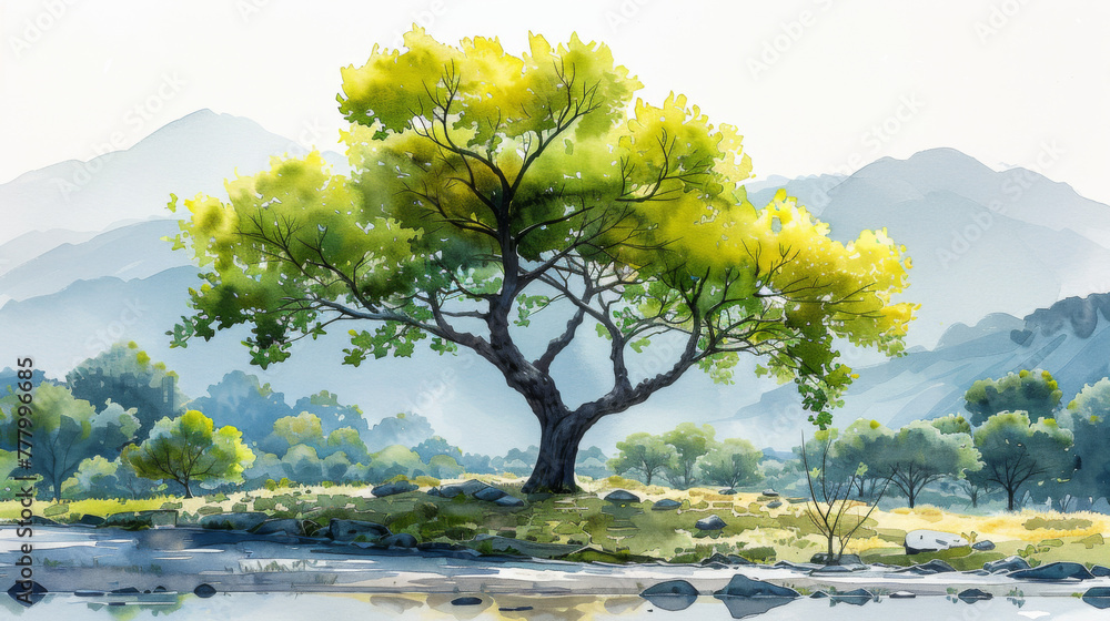 Poster spring tree with leaves, vector watercolor of tree side view isolated on white background for landsc